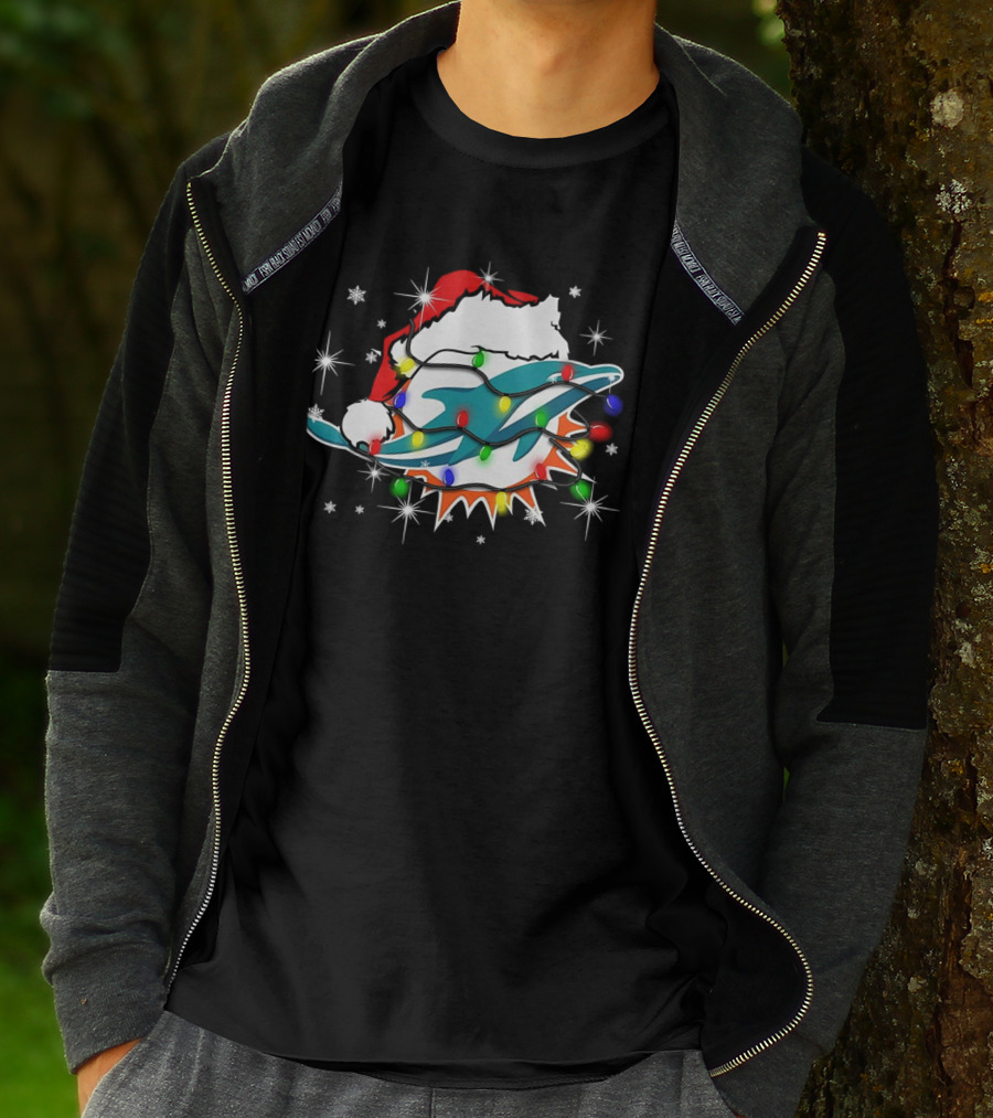 Miami Dolphins Santa Hat Christmas Lights Snowflakes T-Shirt