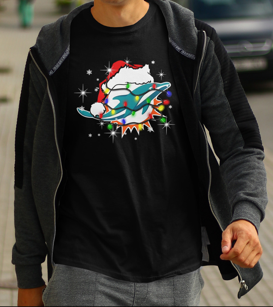 Miami Dolphins Santa Hat Christmas Lights Snowflakes T-Shirt