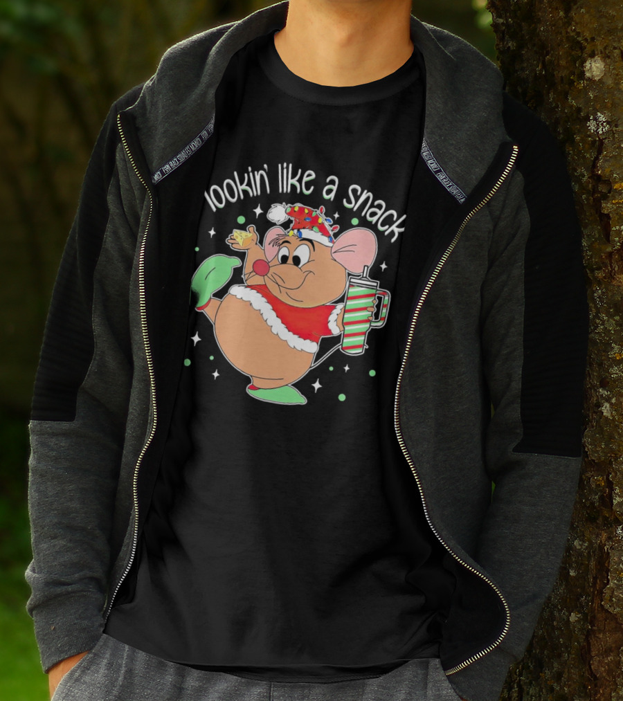 Lookin' Like A Snack Santa Mouse Holding Cheese And Peppermint Drink T-Shirt