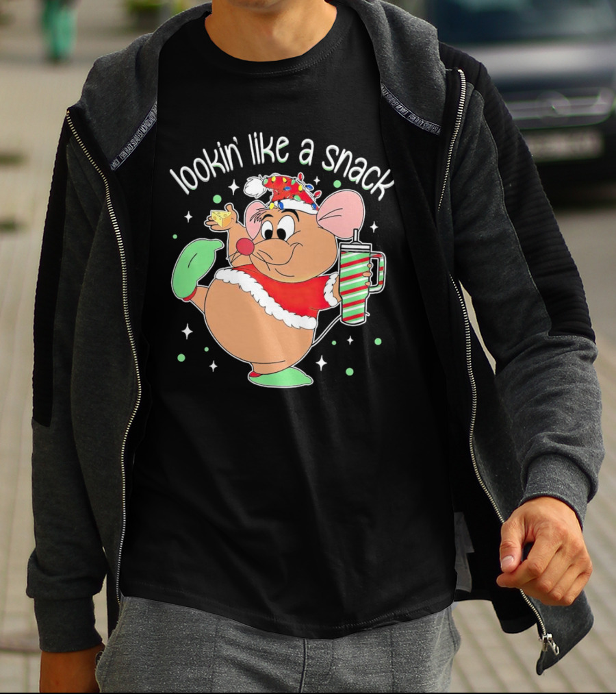 Lookin' Like A Snack Santa Mouse Holding Cheese And Peppermint Drink T-Shirt