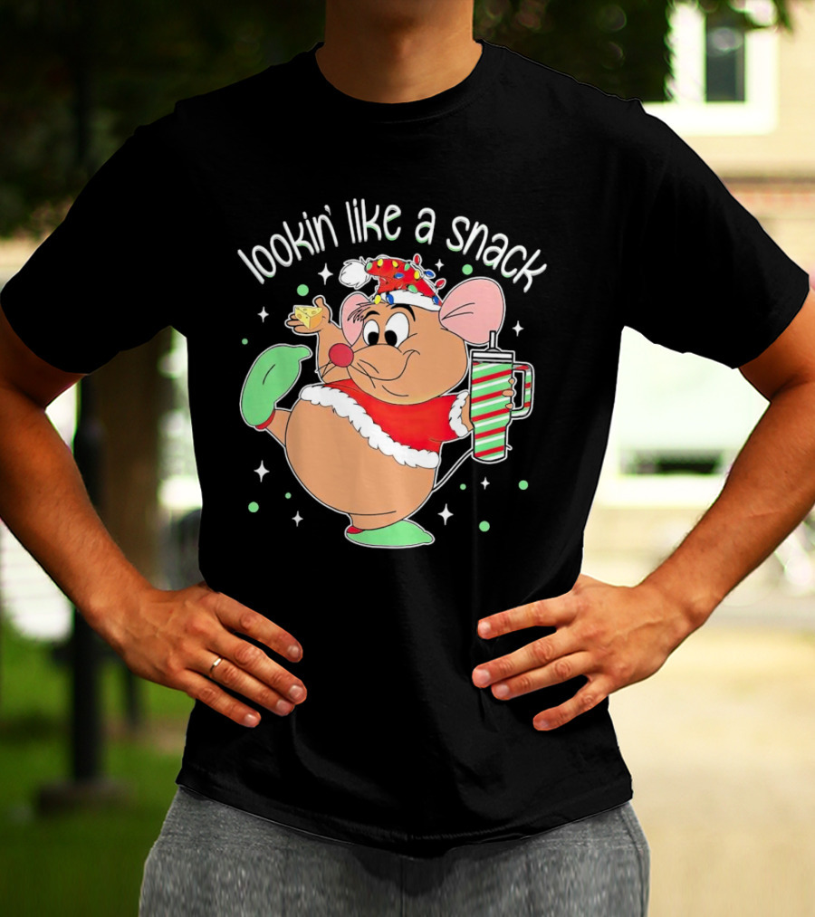Lookin' Like A Snack Santa Mouse Holding Cheese And Peppermint Drink T-Shirt