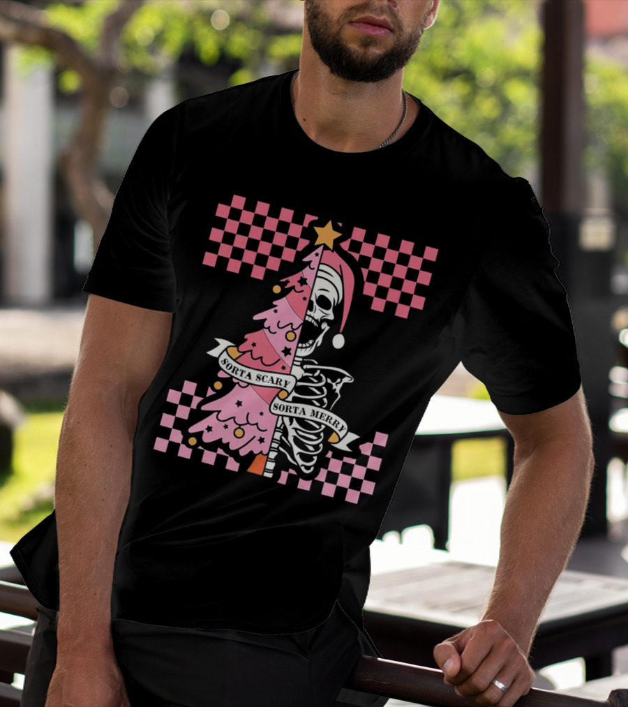 Skeleton Sorta Scary Sorta Merry Christmas Tree Split T-Shirt