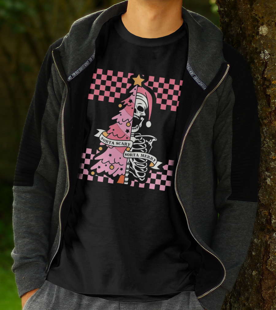 Skeleton Sorta Scary Sorta Merry Christmas Tree Split T-Shirt