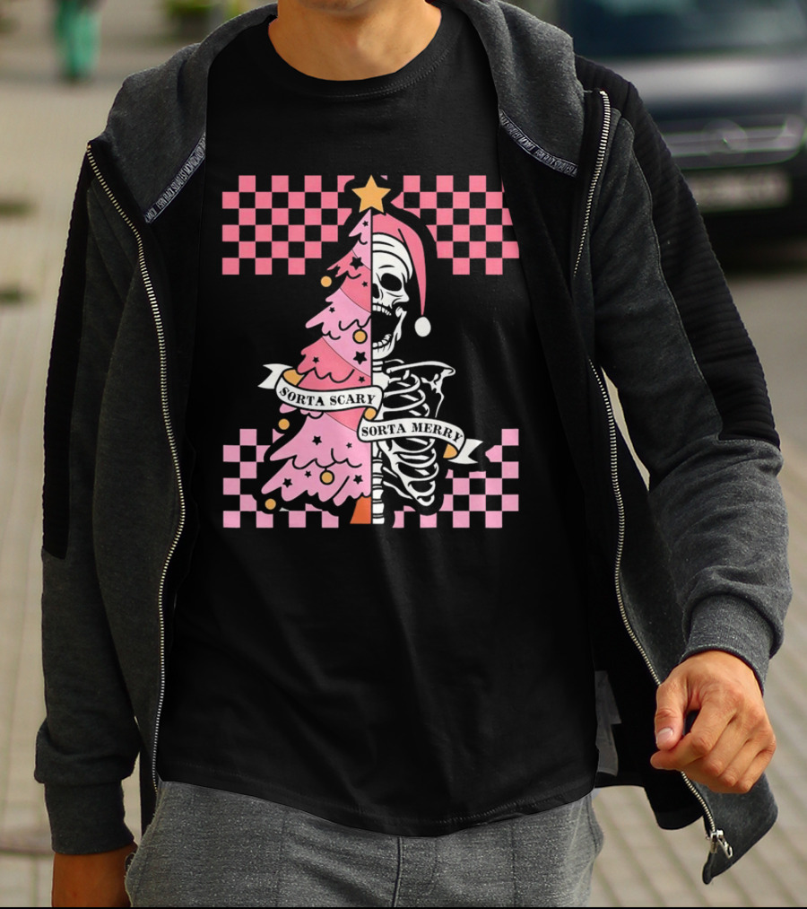 Skeleton Sorta Scary Sorta Merry Christmas Tree Split T-Shirt