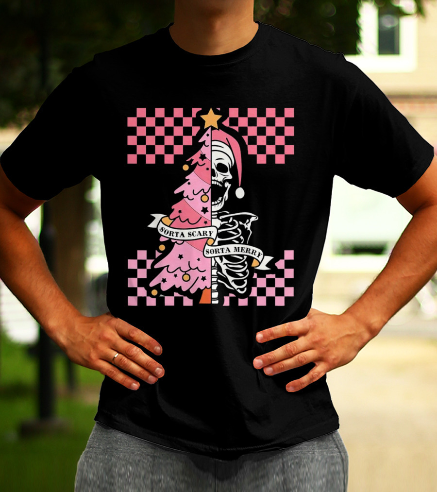 Skeleton Sorta Scary Sorta Merry Christmas Tree Split T-Shirt