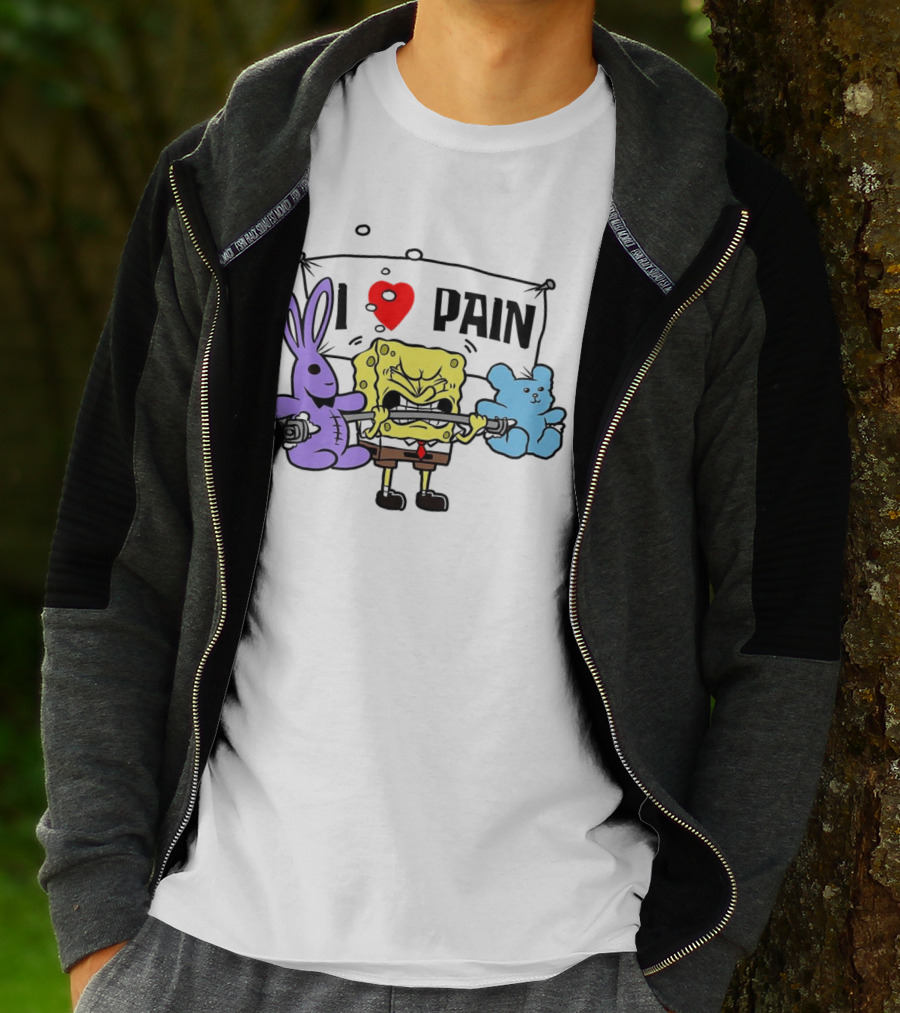 SpongeBob I Love Pain Weightlifting With Purple Bunny And Blue Bear T-Shirt