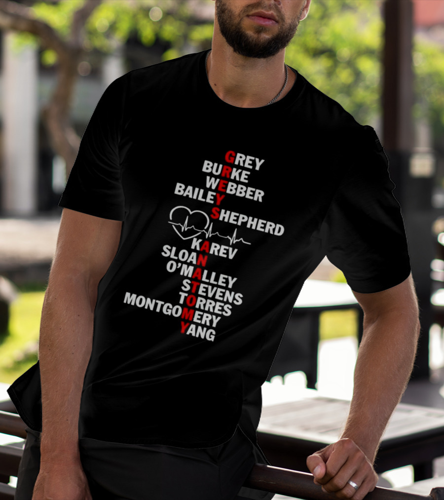 GREYS ANATOMY Grey Burke Webber Bailey Shepherd Karev Sloan O'Malley Stevens Torres Montgomery Yang Heartbeat T-Shirt