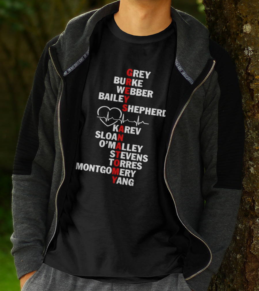 GREYS ANATOMY Grey Burke Webber Bailey Shepherd Karev Sloan O'Malley Stevens Torres Montgomery Yang Heartbeat T-Shirt