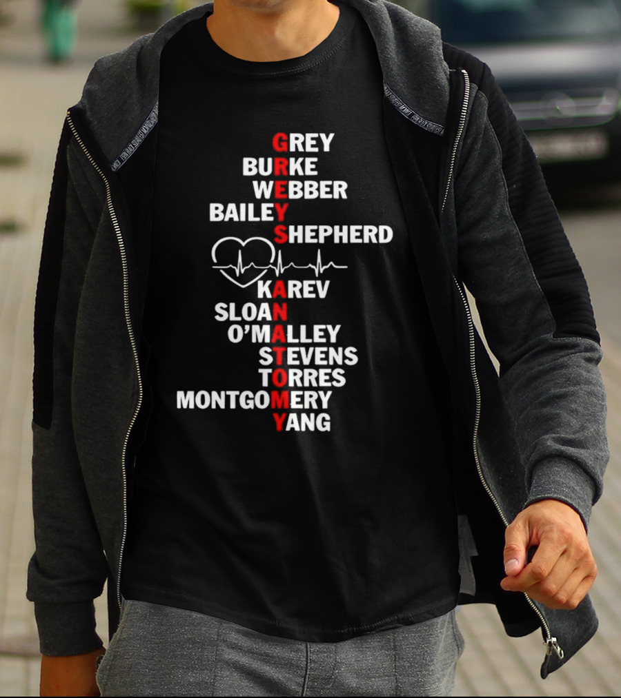 GREYS ANATOMY Grey Burke Webber Bailey Shepherd Karev Sloan O'Malley Stevens Torres Montgomery Yang Heartbeat T-Shirt