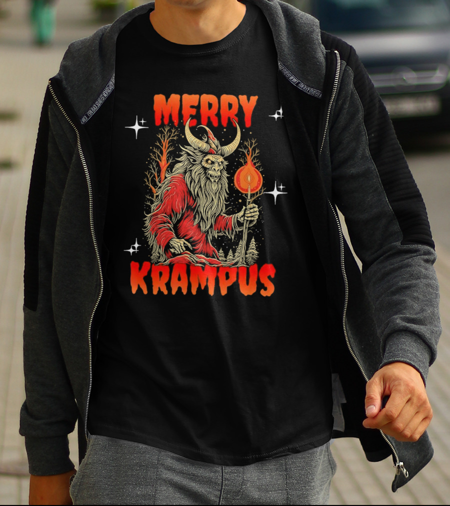 Merry Krampus Horror Christmas Demon With Fiery Torch In Forest Scene T-Shirt