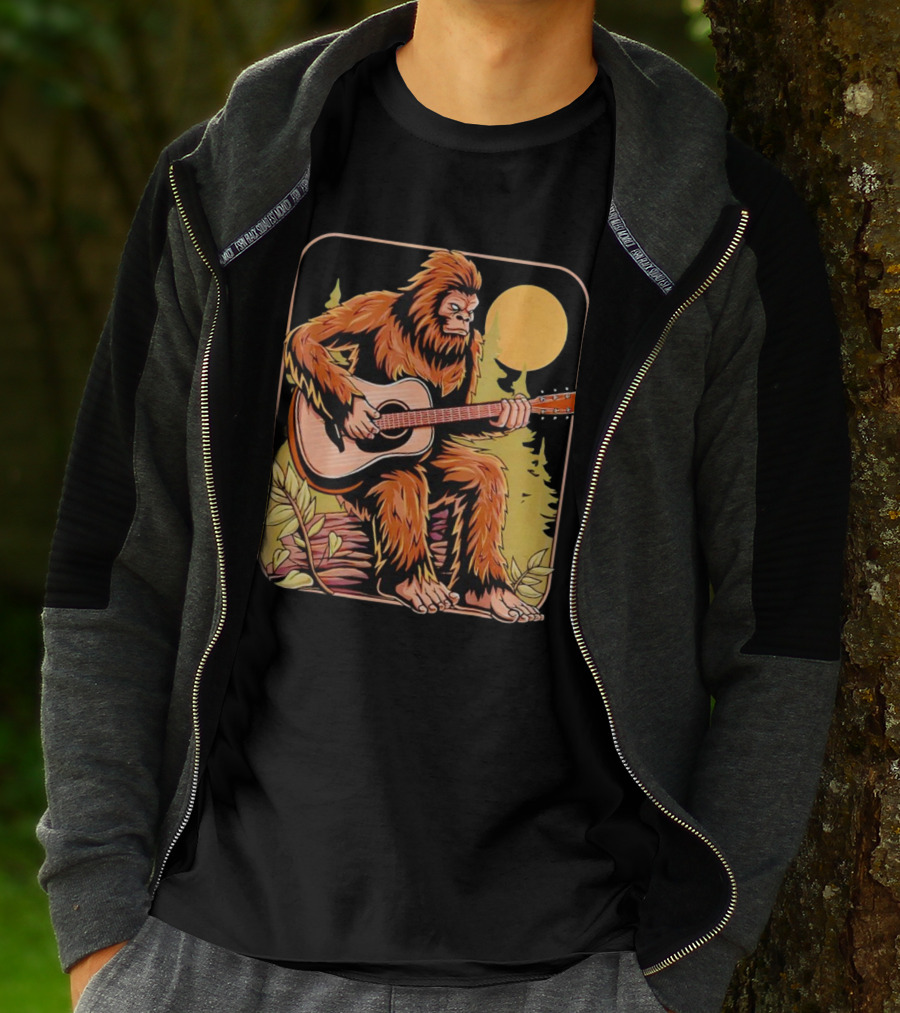 Bigfoot Playing Acoustic Guitar In Forest Scene T-Shirt