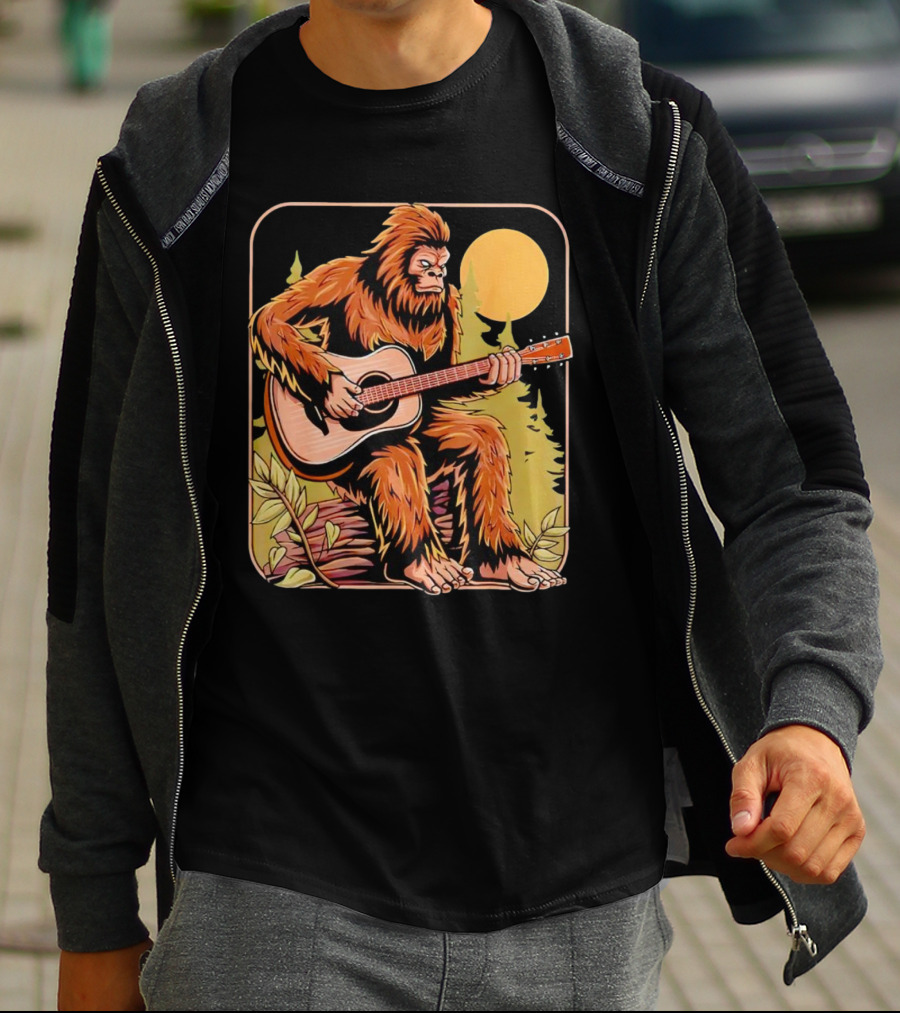 Bigfoot Playing Acoustic Guitar In Forest Scene T-Shirt