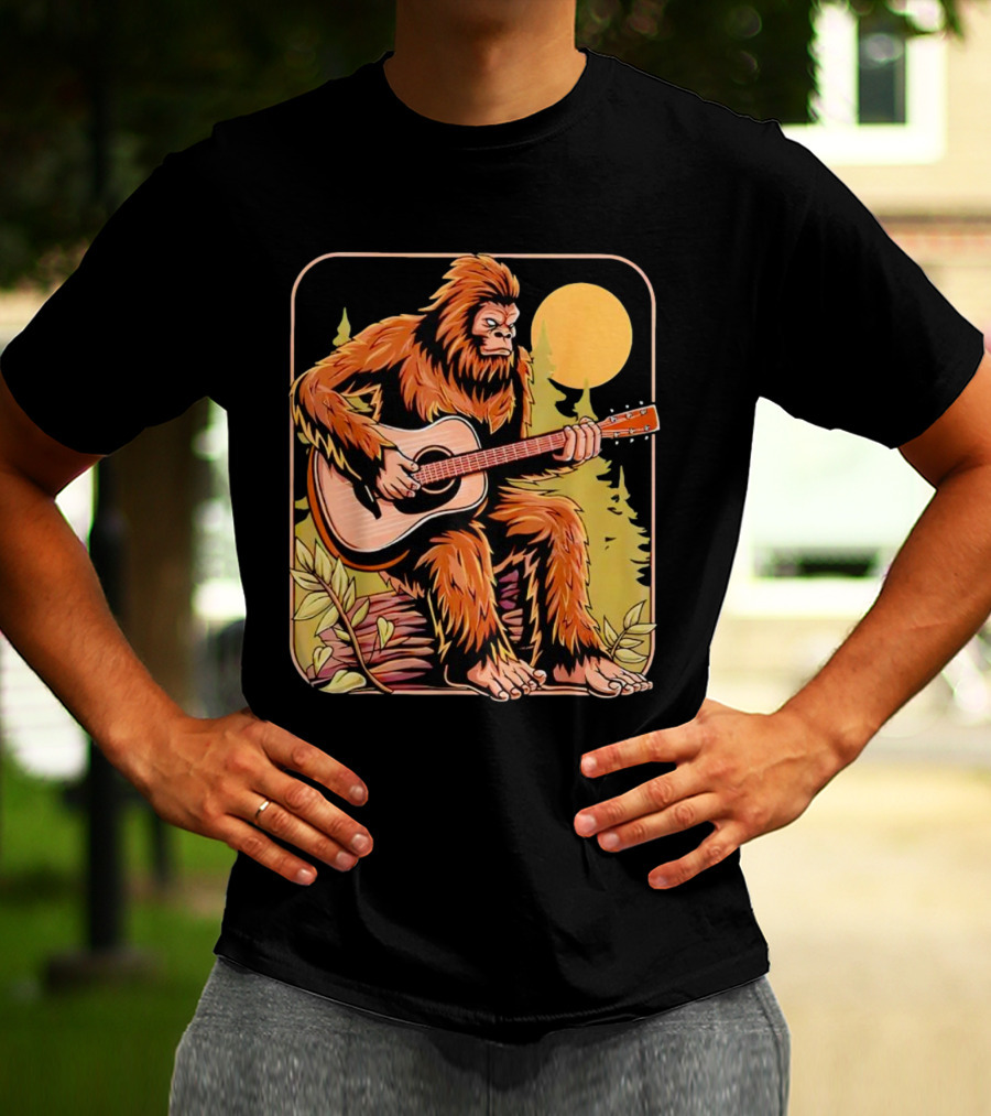 Bigfoot Playing Acoustic Guitar In Forest Scene T-Shirt