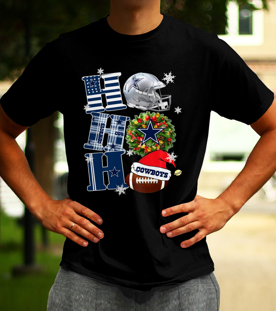 Dallas Cowboys NFL Ho Ho Ho Christmas Football Helmet Wreath Santa Hat T-Shirt
