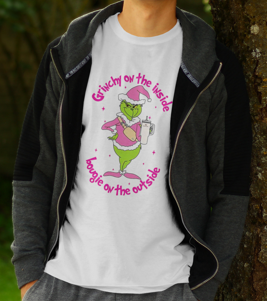 Grinchy On The Inside Bougie On The Outside Pink Hat Coffee Mug Christmas T-Shirt