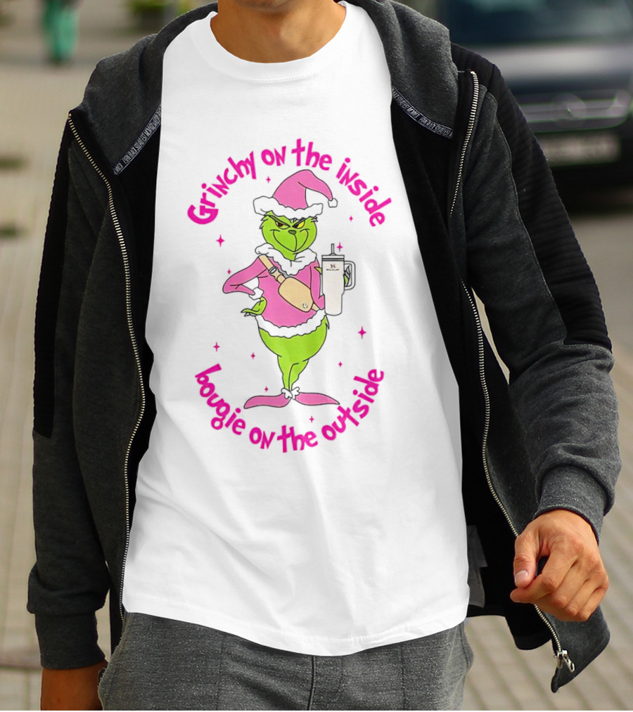 Grinchy On The Inside Bougie On The Outside Pink Hat Coffee Mug Christmas T-Shirt