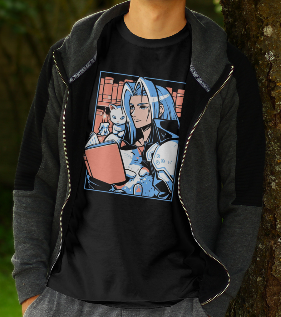 Sephiroth Reading In Basement Library With Cats And Books T-Shirt