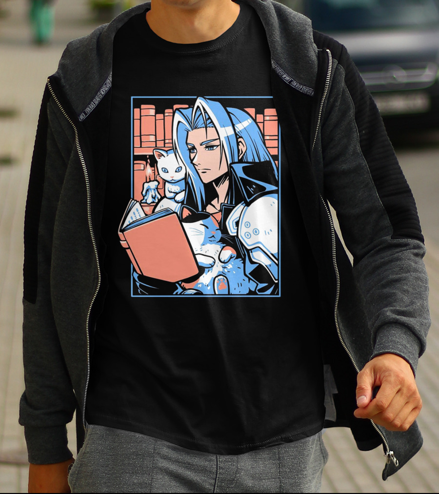 Sephiroth Reading In Basement Library With Cats And Books T-Shirt