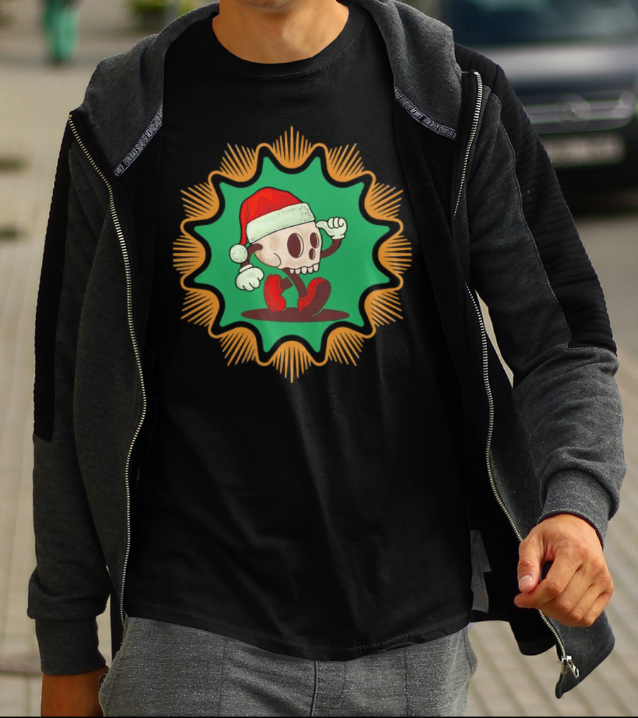 Skull Santa In Vintage Christmas Hat Badge T-Shirt