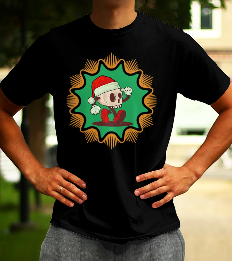 Skull Santa In Vintage Christmas Hat Badge T-Shirt