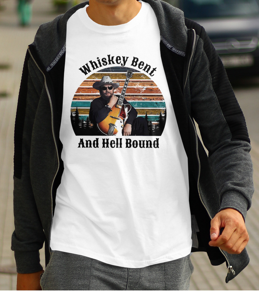 Whiskey Bent And Hell Bound Cowboy With Guitar Retro Sunset T-Shirt