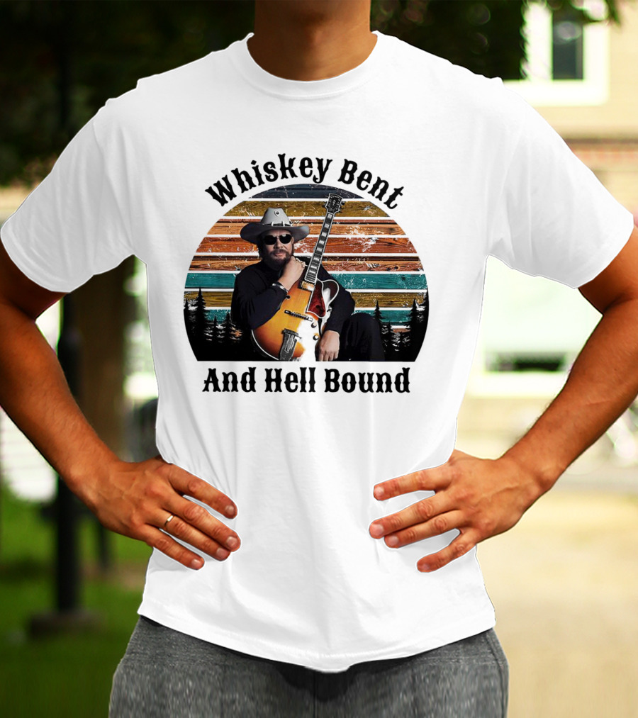 Whiskey Bent And Hell Bound Cowboy With Guitar Retro Sunset T-Shirt