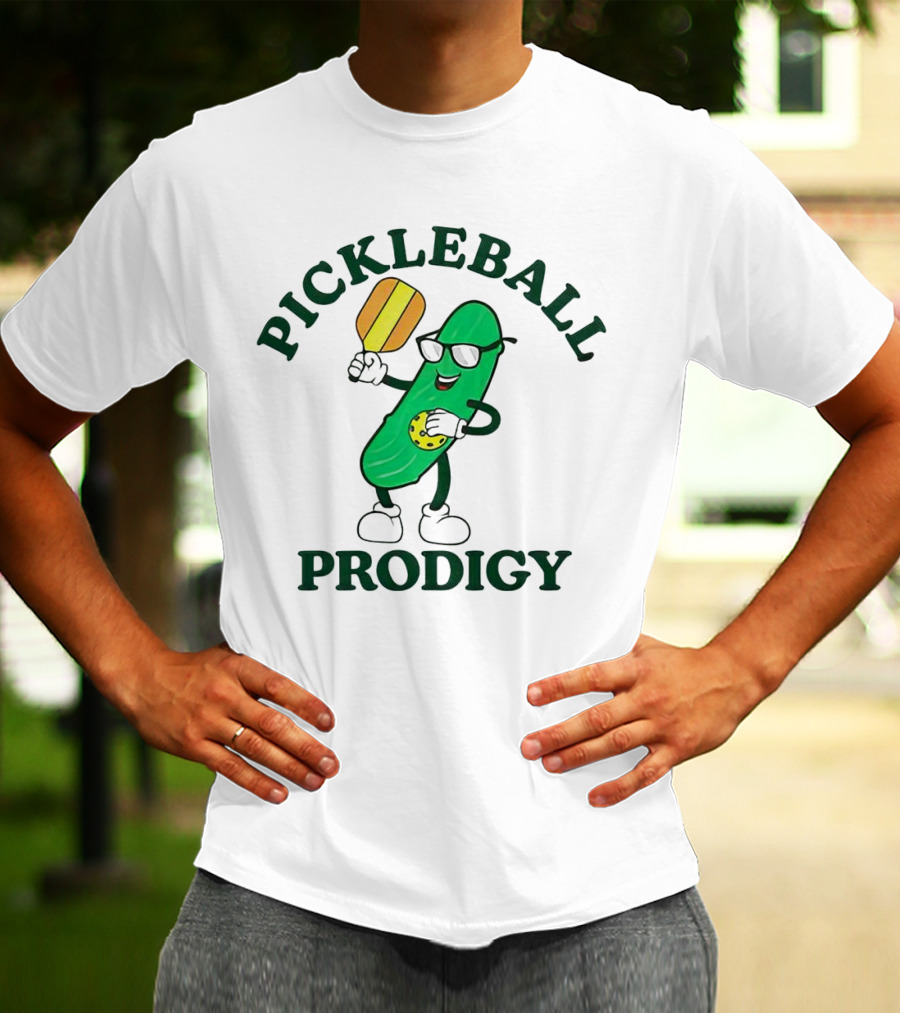 PICKLEBALL PRODIGY FUN PICKLE CHARACTER WITH PADDLE AND SUNGLASSES T-Shirt