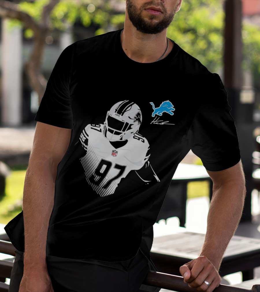 Aidan Hutchinson #97 Detroit Lions NFL Blue Lion Logo Football Player T-Shirt