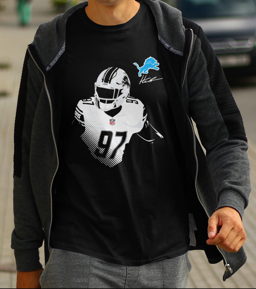 Aidan Hutchinson #97 Detroit Lions NFL Blue Lion Logo Football Player T-Shirt