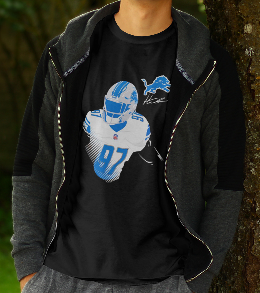 Aidan Hutchinson Detroit Lions Player Signature 97 NFL Logo Lions Helmet T-Shirt