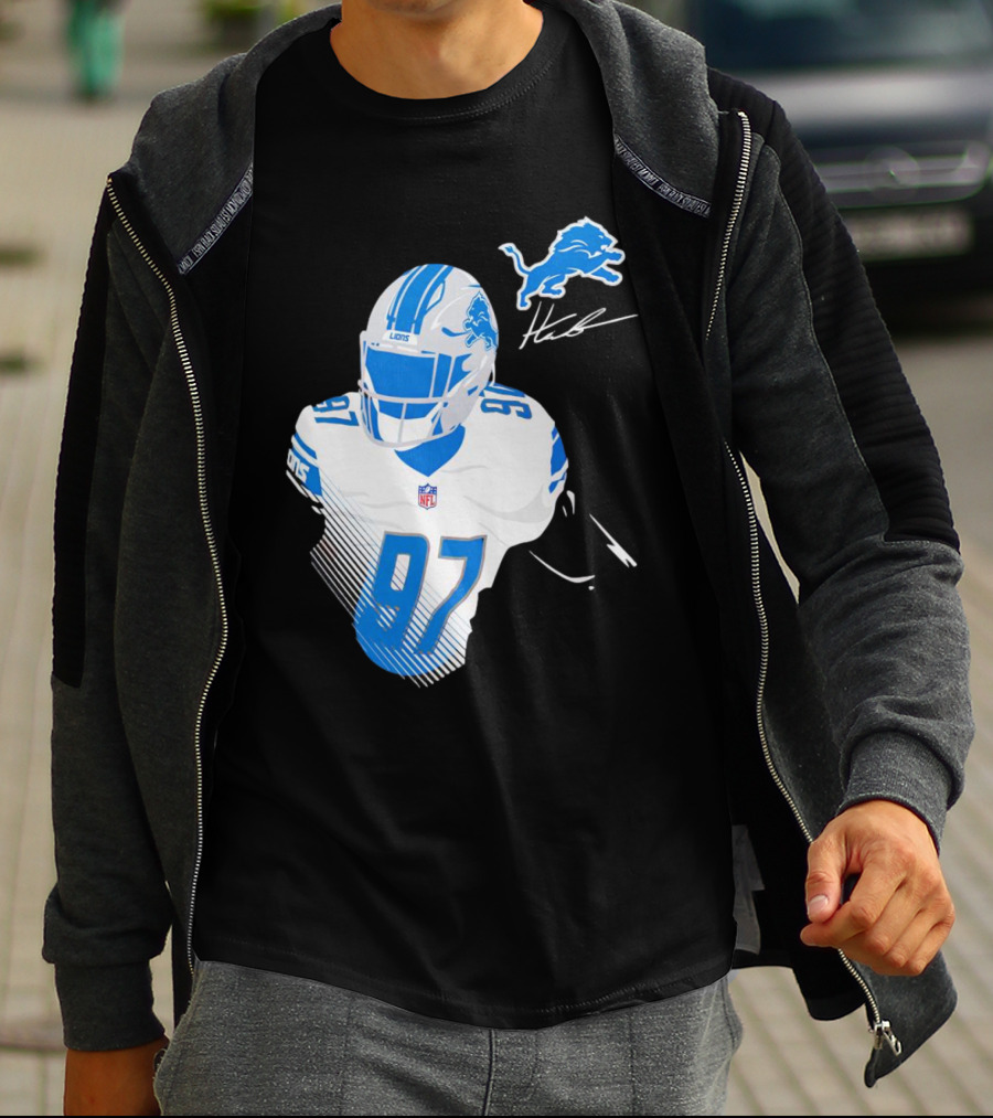 Aidan Hutchinson Detroit Lions Player Signature 97 NFL Logo Lions Helmet T-Shirt