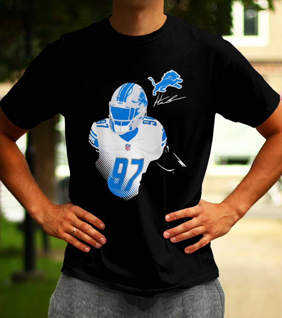 Aidan Hutchinson Detroit Lions Player Signature 97 NFL Logo Lions Helmet T-Shirt