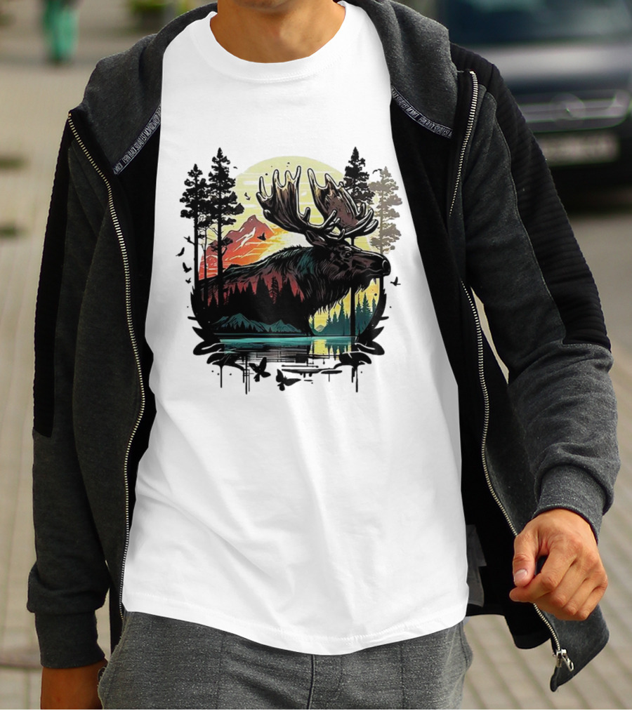Moose In The Forest With Sunset And Mountain Landscape T-Shirt