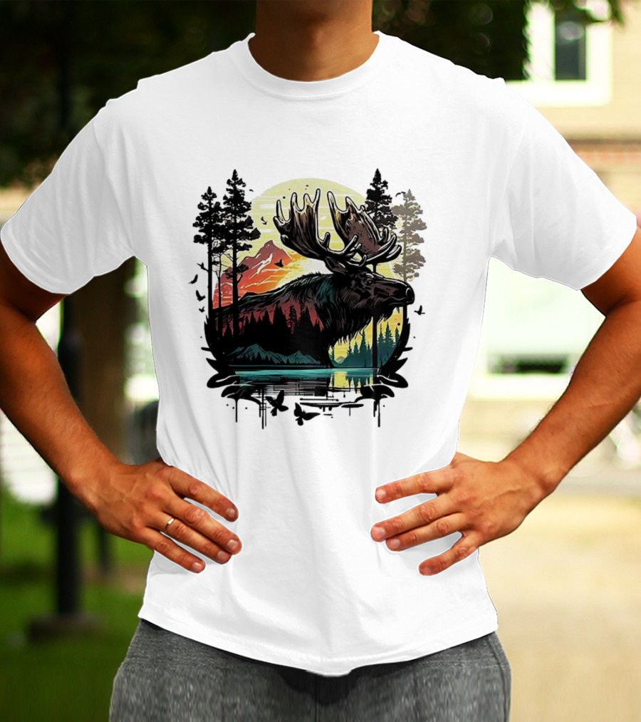 Moose In The Forest With Sunset And Mountain Landscape T-Shirt