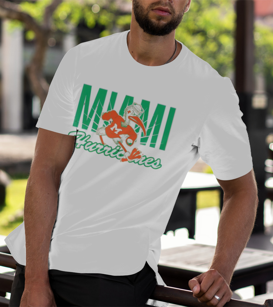 Miami Hurricanes Sebastian The Ibis Mascot With Bold Lettering T-Shirt