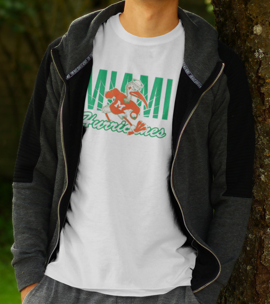 Miami Hurricanes Sebastian The Ibis Mascot With Bold Lettering T-Shirt