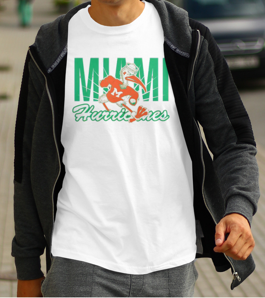 Miami Hurricanes Sebastian The Ibis Mascot With Bold Lettering T-Shirt