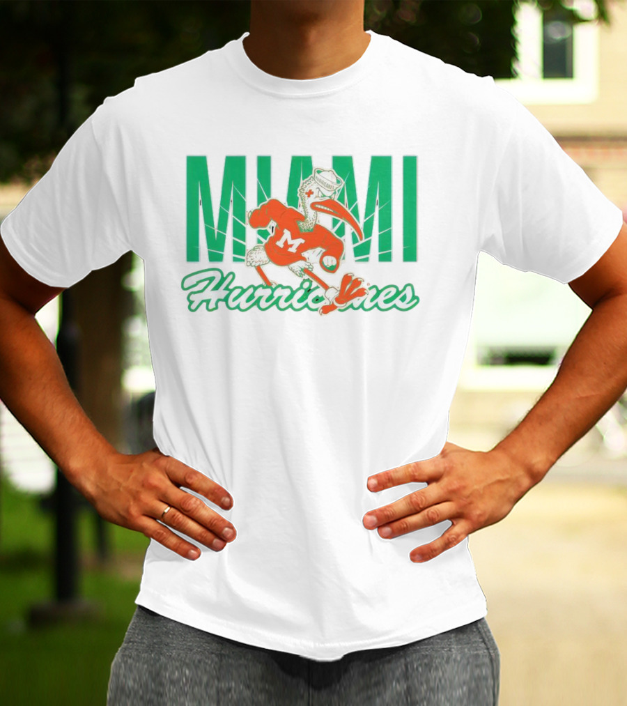 Miami Hurricanes Sebastian The Ibis Mascot With Bold Lettering T-Shirt