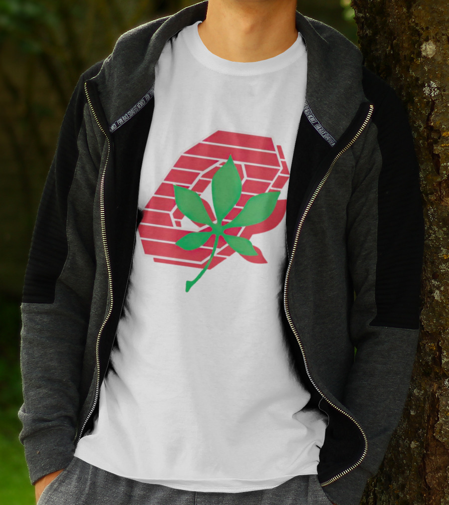Ohio State Buckeyes Scarlet And Gray O With Green Leaf Emblem T-Shirt