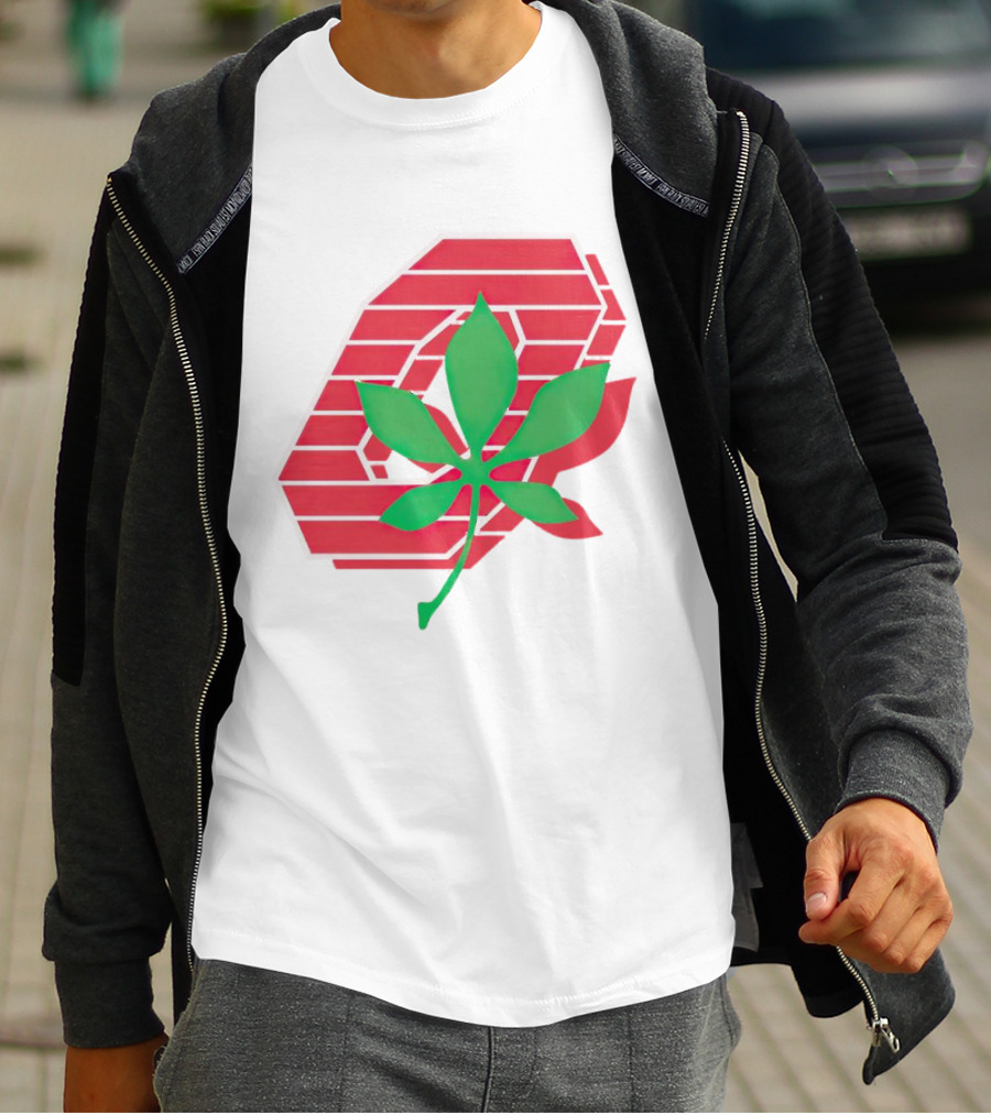 Ohio State Buckeyes Scarlet And Gray O With Green Leaf Emblem T-Shirt