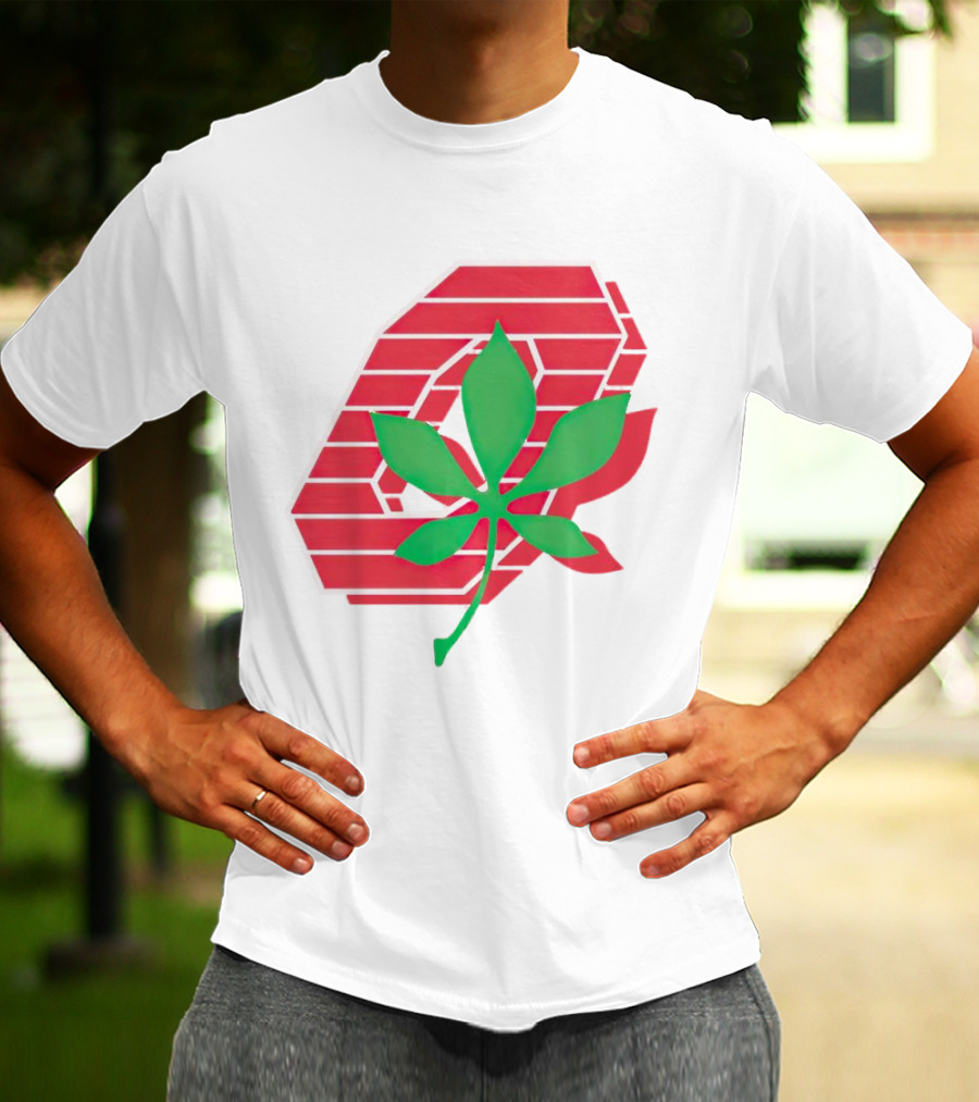 Ohio State Buckeyes Scarlet And Gray O With Green Leaf Emblem T-Shirt