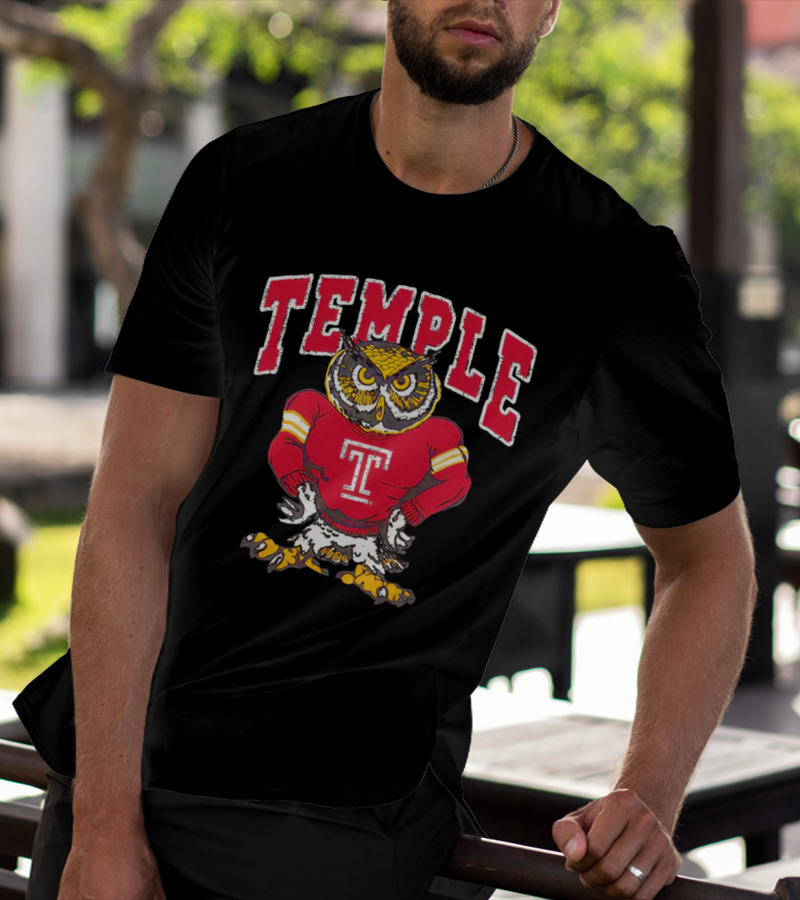 Temple Owls Football Mascot In Red Jersey With Bold Temple Text T-Shirt