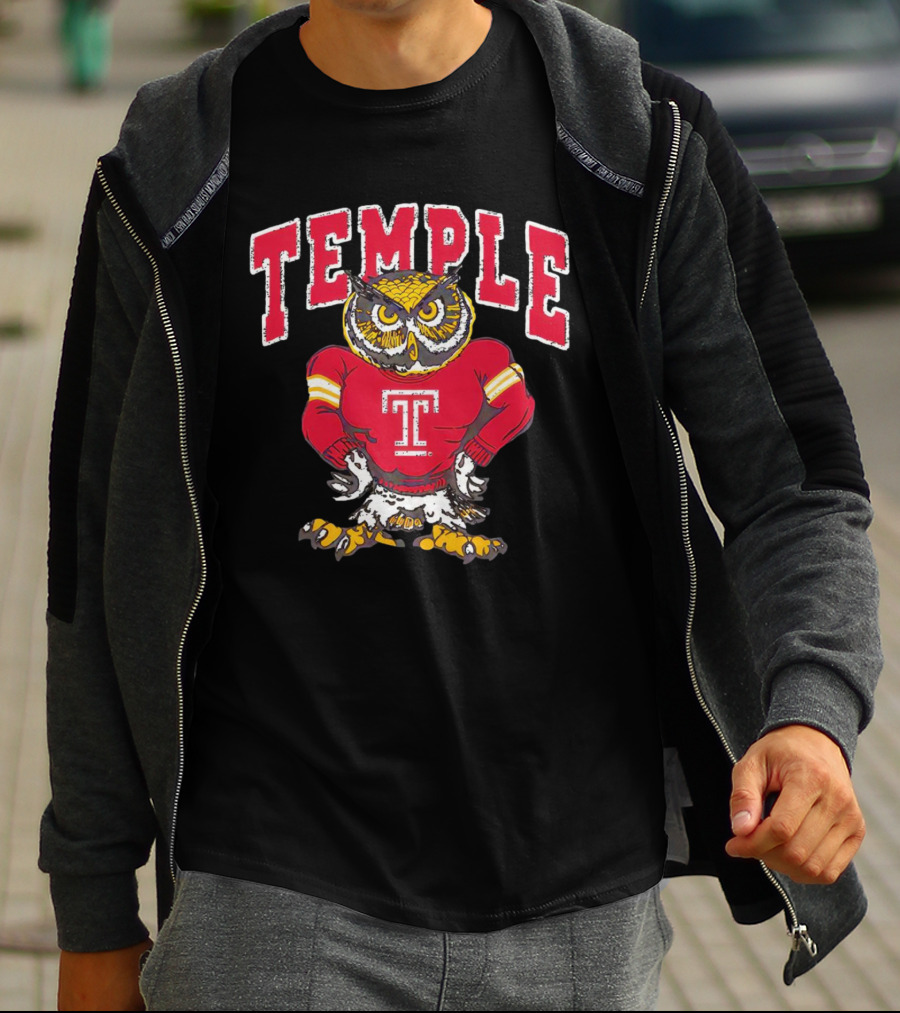 Temple Owls Football Mascot In Red Jersey With Bold Temple Text T-Shirt