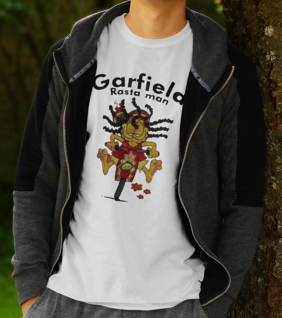 Garfield Rasta Man Dreadlocks Bicycle Whimsical Fun T-Shirt