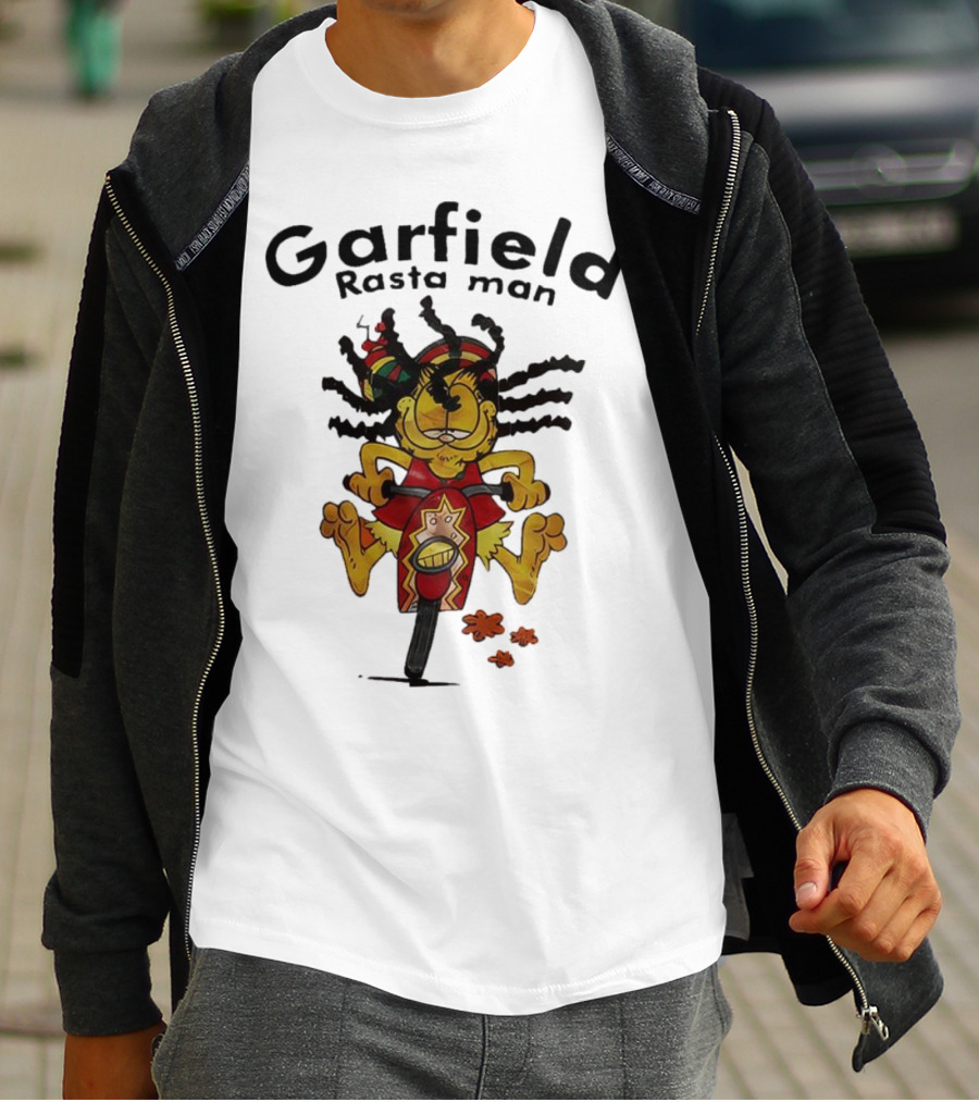 Garfield Rasta Man Dreadlocks Bicycle Whimsical Fun T-Shirt