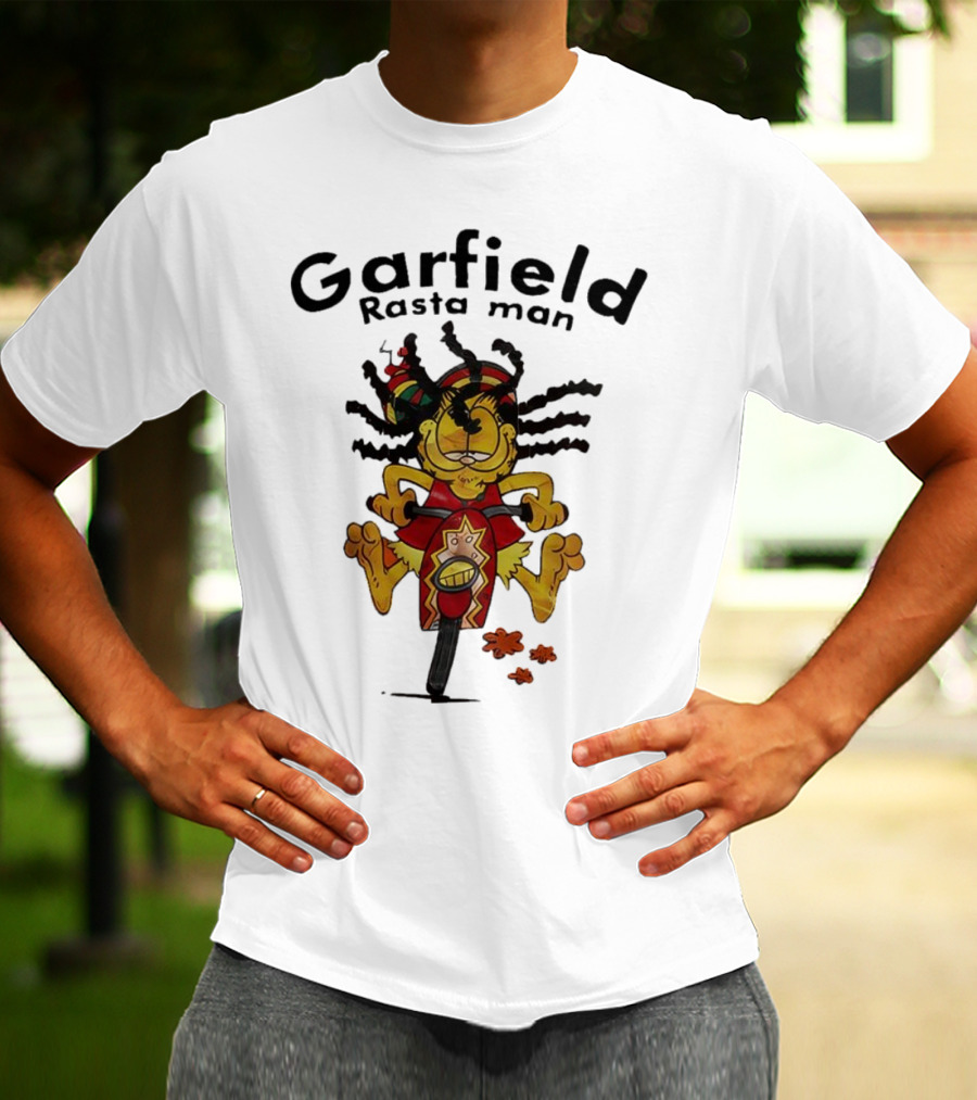 Garfield Rasta Man Dreadlocks Bicycle Whimsical Fun T-Shirt