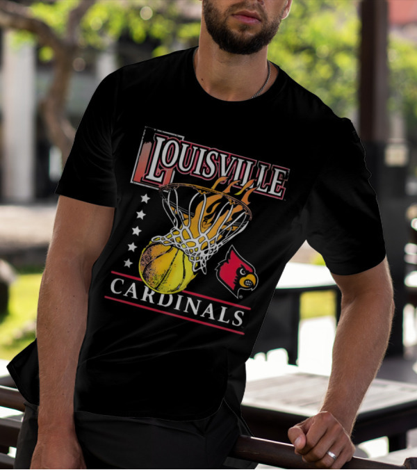 Louisville Cardinals Flaming Basketball Hoop T-Shirt