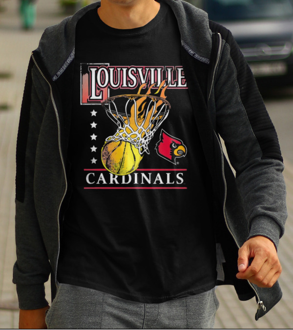 Louisville Cardinals Flaming Basketball Hoop T-Shirt
