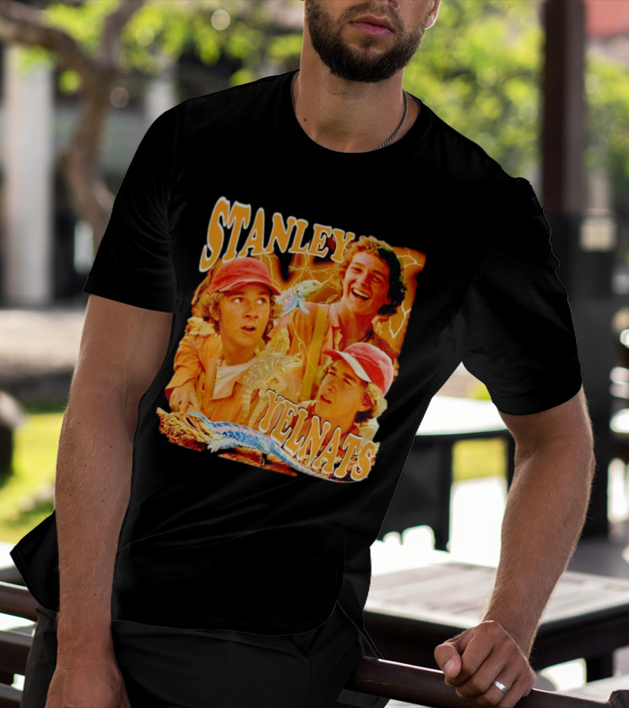 Stanley Yelnats Character Collage With Orange Background And Lizard T-Shirt