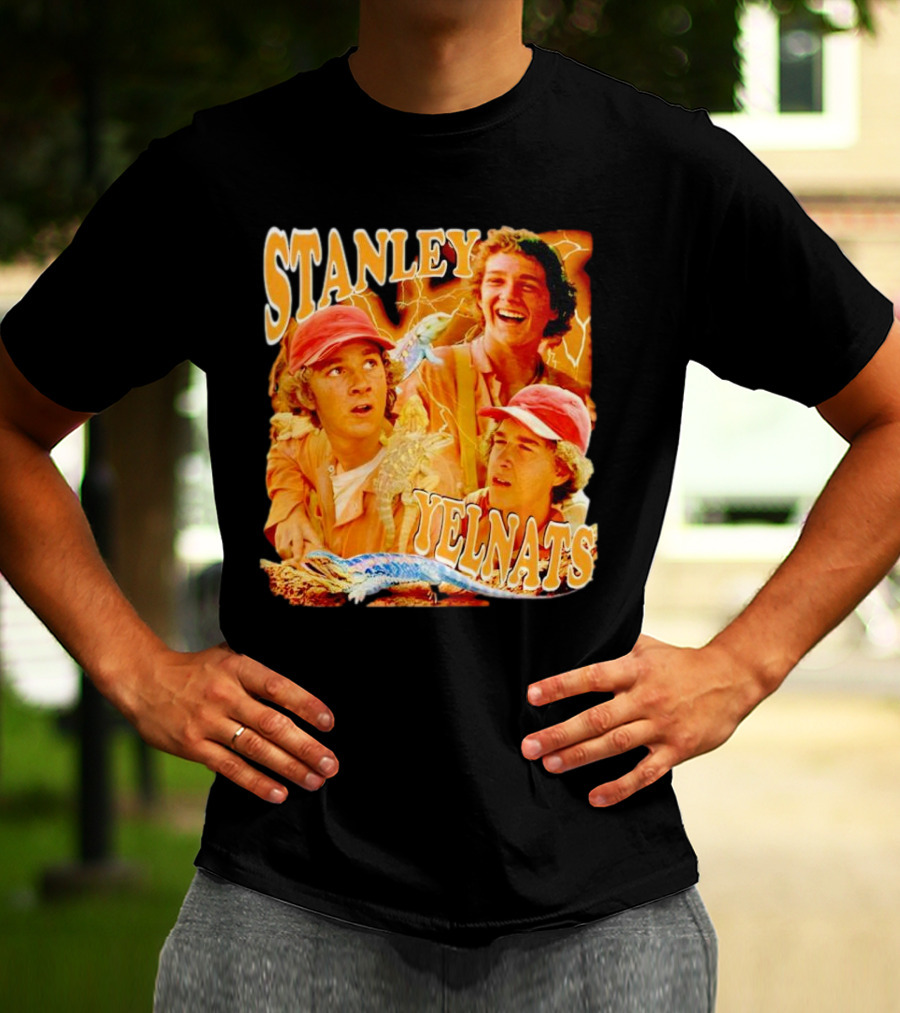 Stanley Yelnats Character Collage With Orange Background And Lizard T-Shirt
